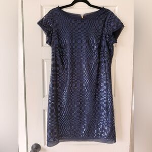 Eliza J Navy Blue Sequined Mesh Overlay Mini Dress size 12